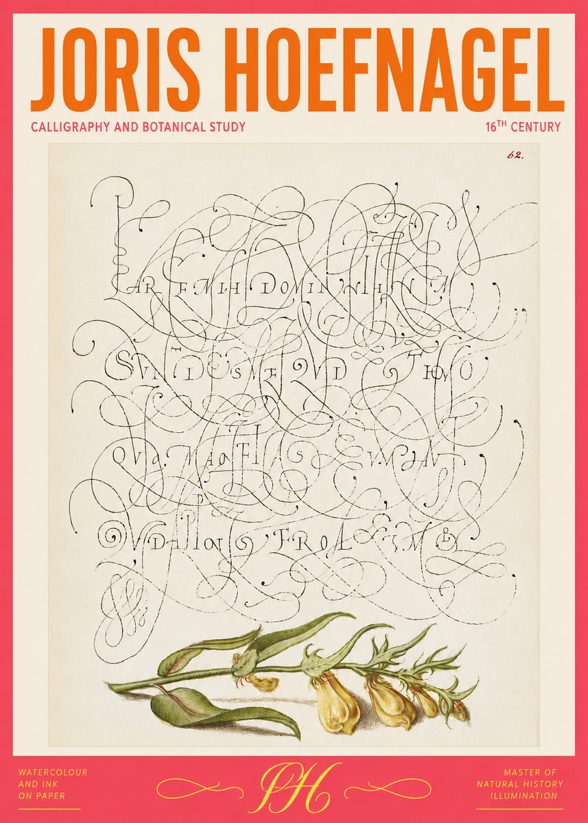 Joris Hoefnagel Calligraphic Practice with Botanical Study No2 - Juliste