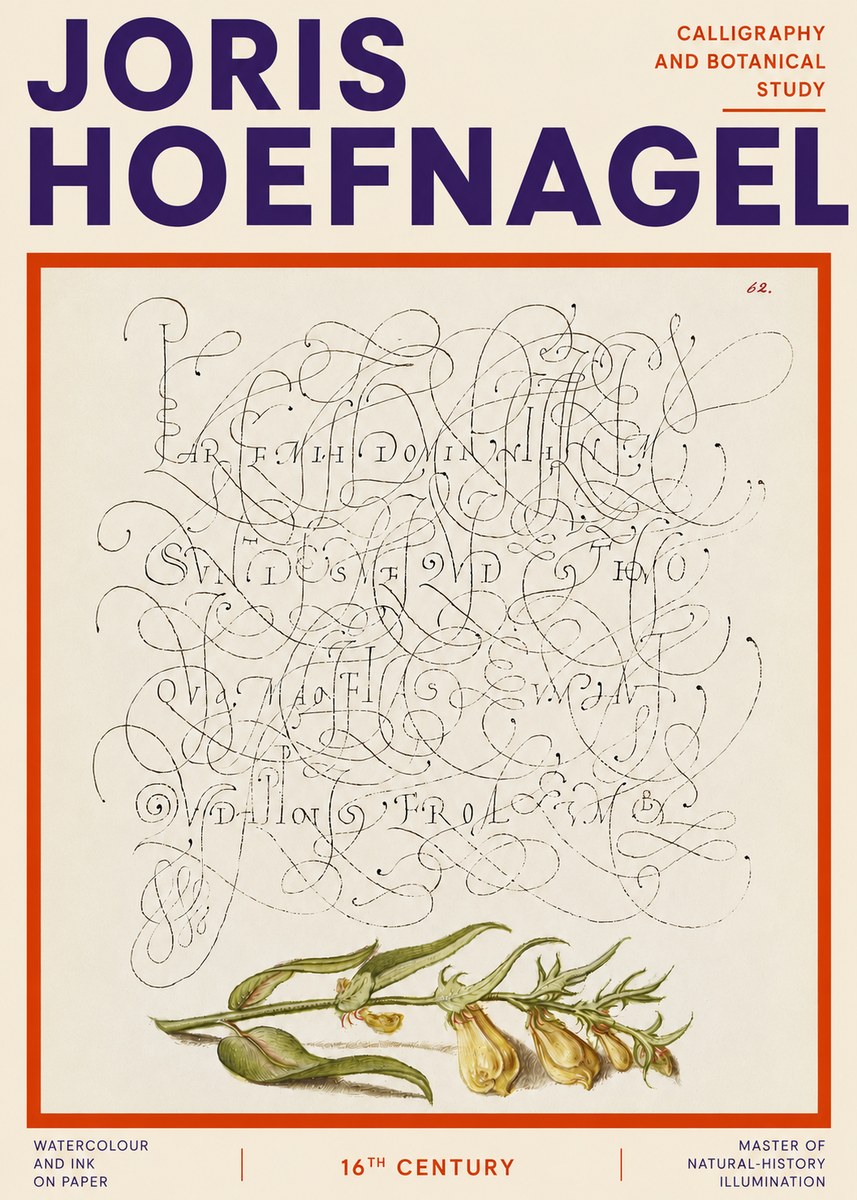 Joris Hoefnagel Calligraphic Practice with Botanical Study No4 - Juliste