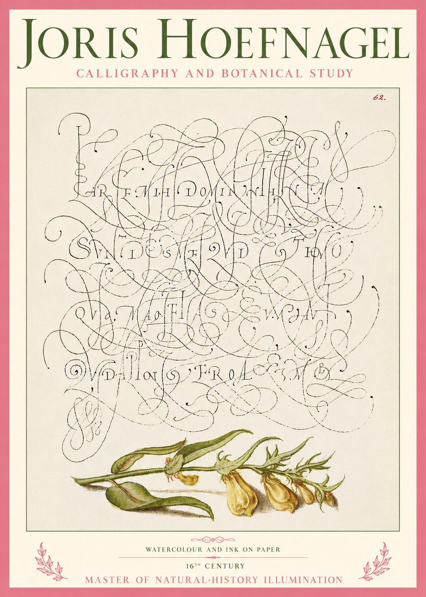 Joris Hoefnagel Calligraphic Practice with Botanical Study No5 - Juliste