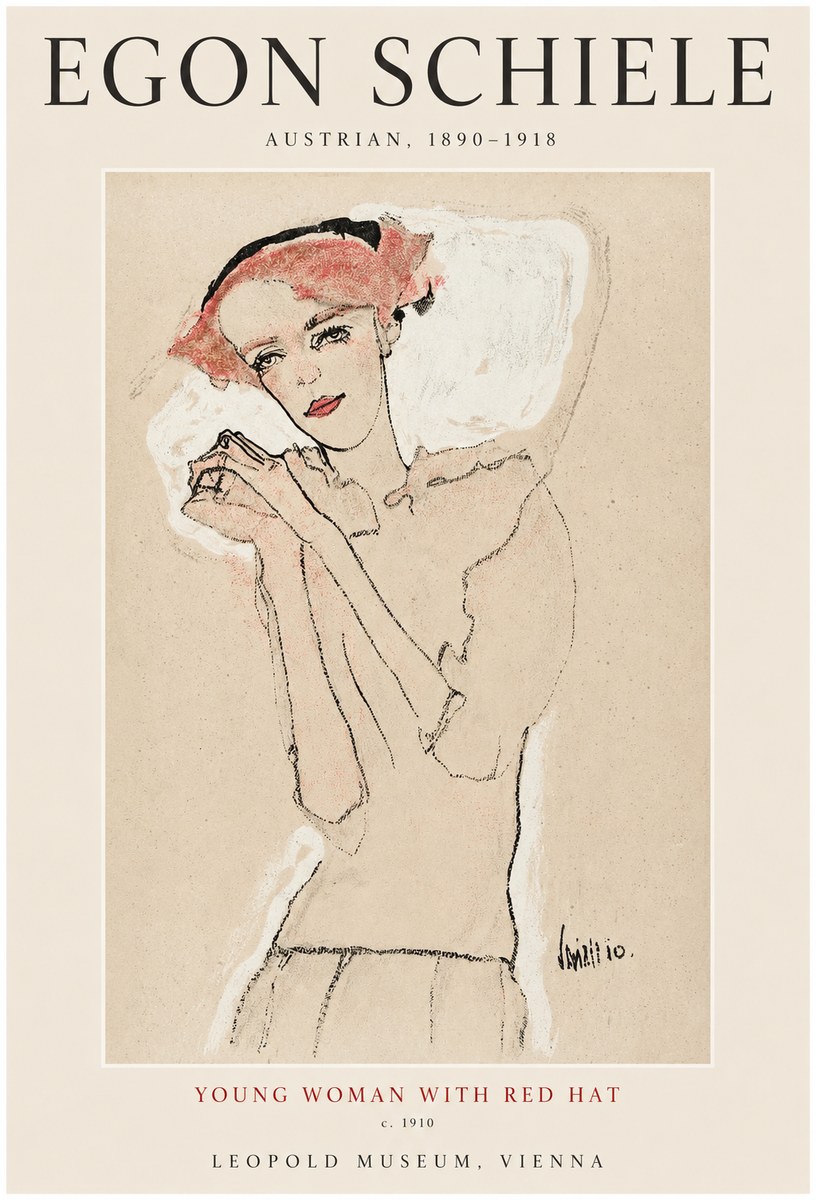 Schiele Young Woman with Red Hat No1 - Juliste