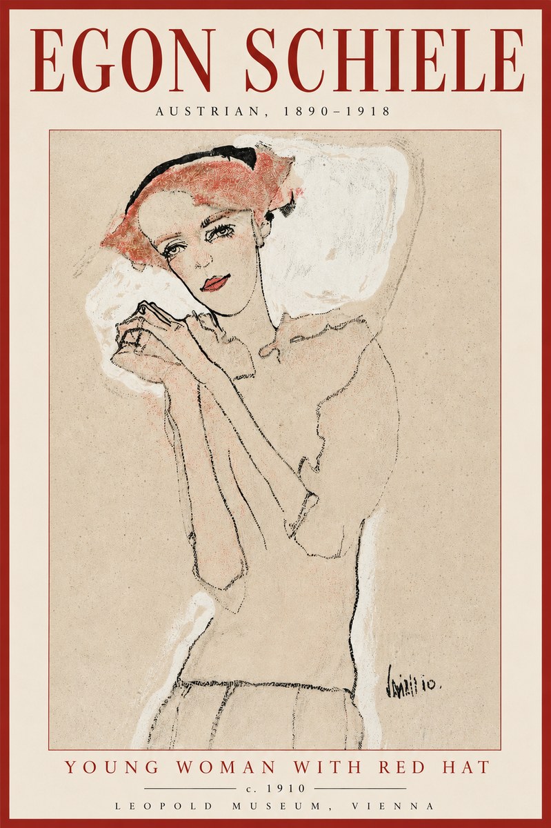 Schiele Young Woman with Red Hat No2 - Juliste