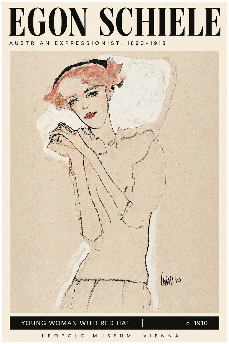 Schiele Young Woman with Red Hat No3 - Juliste