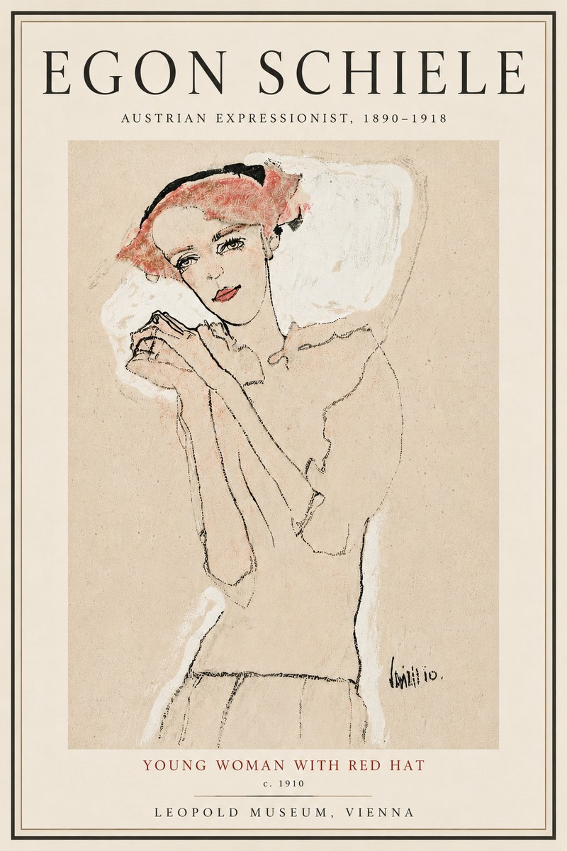 Schiele Young Woman with Red Hat No5 - Juliste
