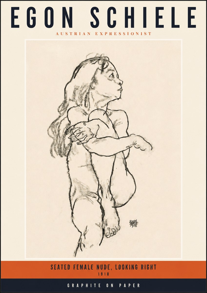 Schiele Seated Female Nude, Looking Right No2 - Juliste