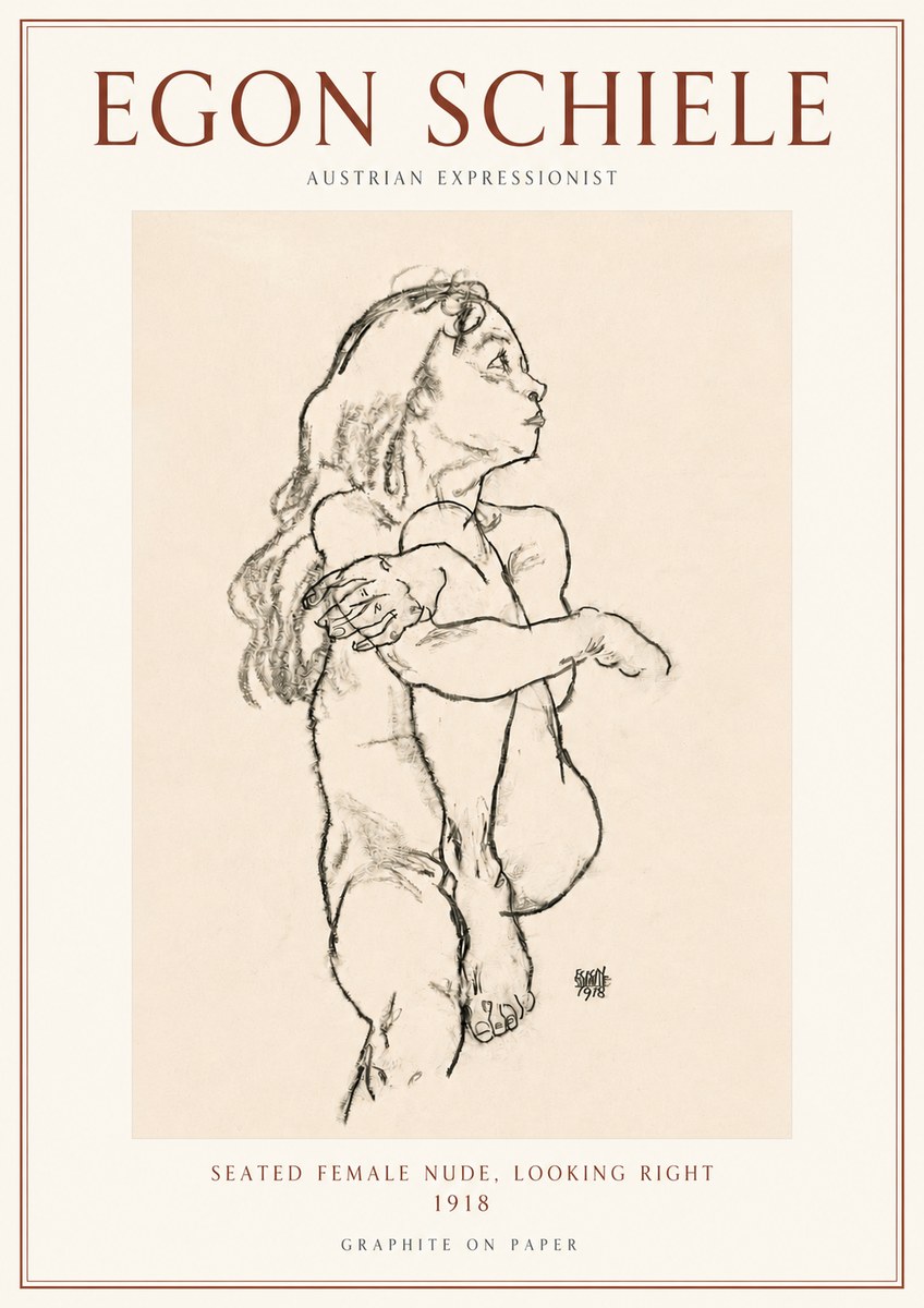 Schiele Seated Female Nude, Looking Right No3 - Juliste