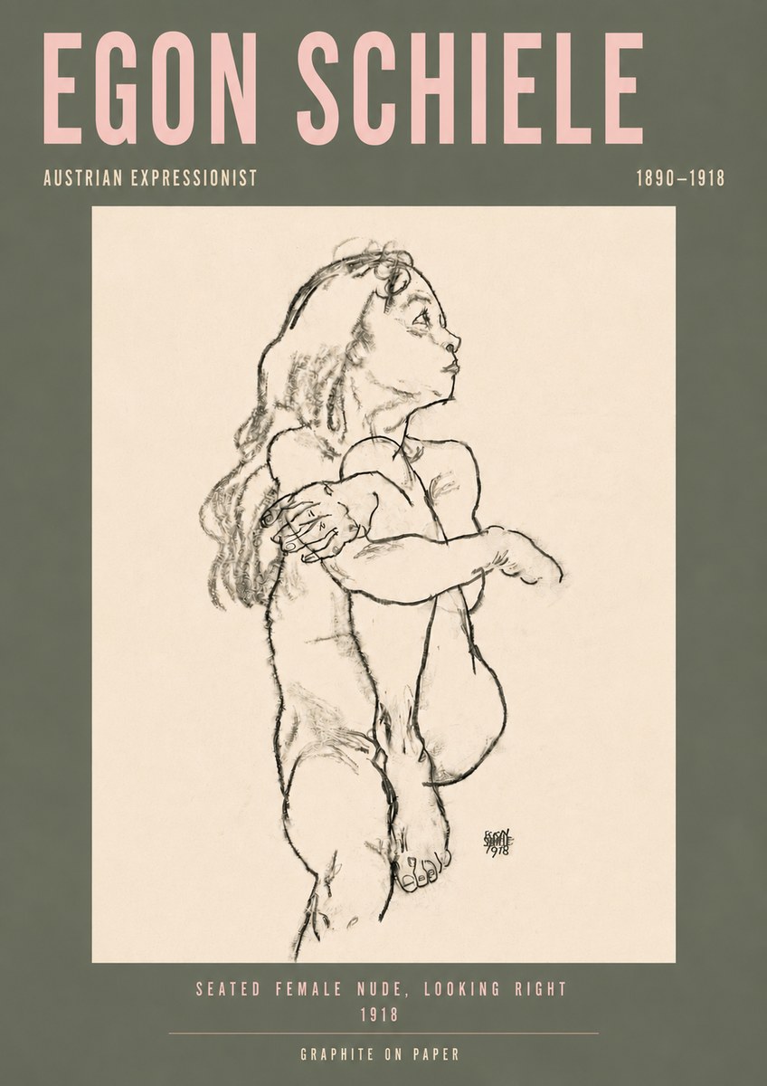Schiele Seated Female Nude, Looking Right No4 - Juliste