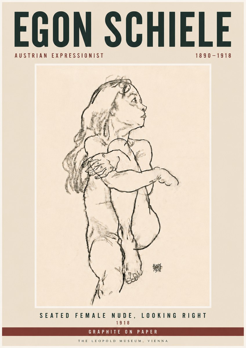 Schiele Seated Female Nude, Looking Right No6 - Juliste