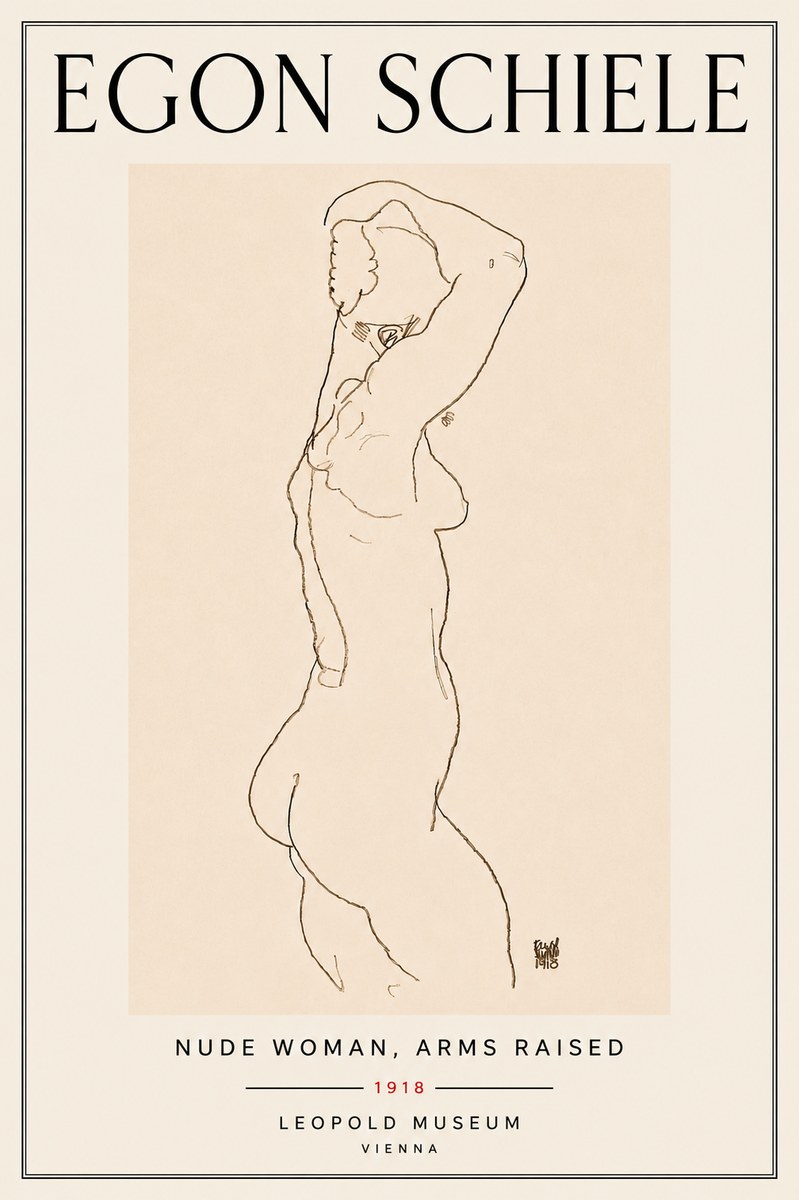 Schiele Nude Woman, Arms Raised No6 - Juliste
