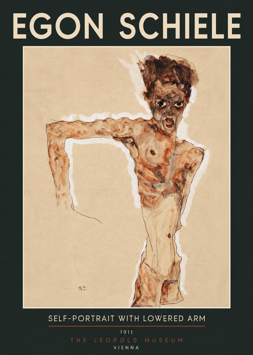 Schiele Self-portrait with Lowered Arm No2 - Juliste