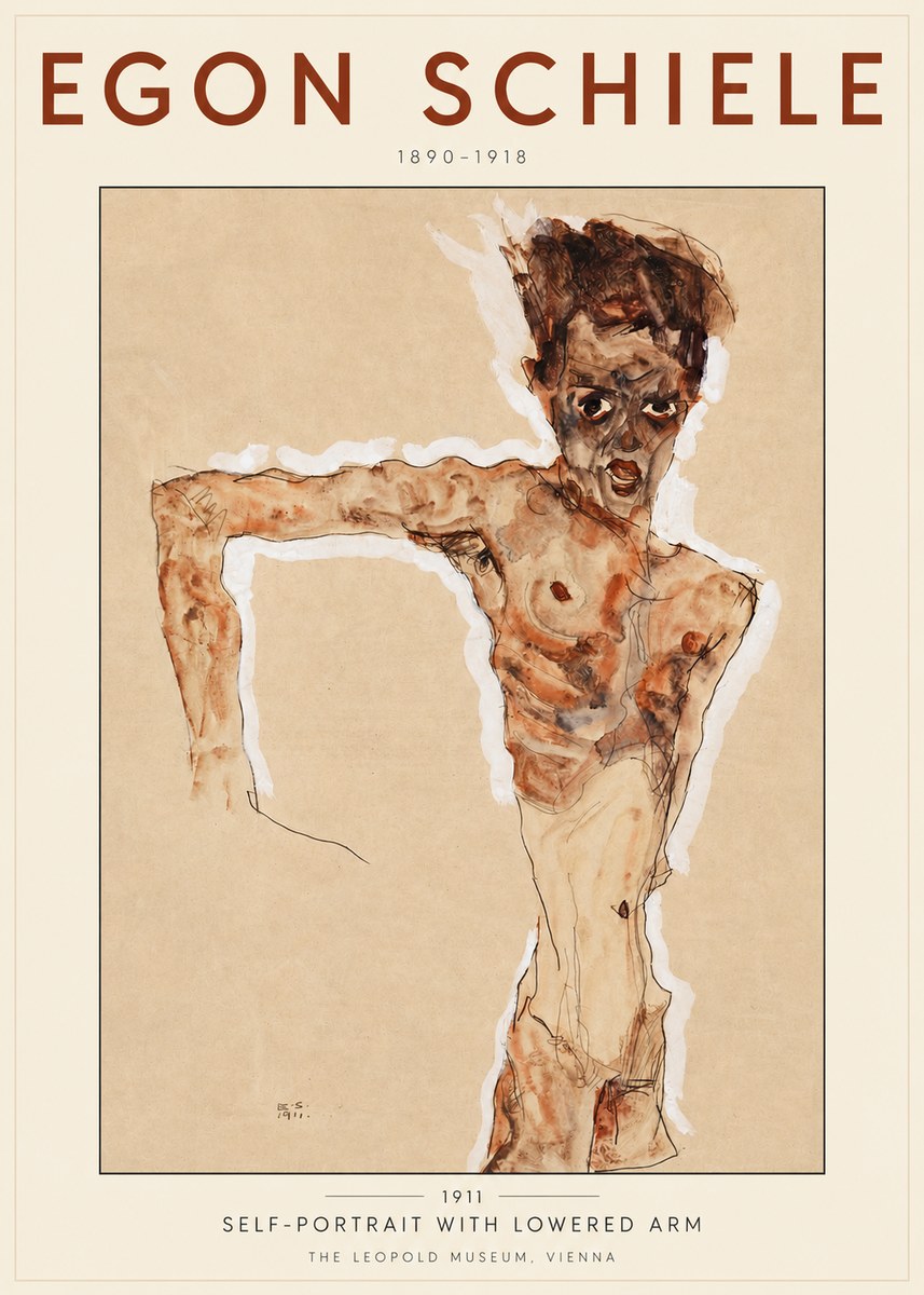 Schiele Self-portrait with Lowered Arm No3 - Juliste