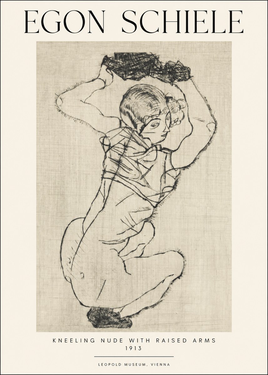Schiele Kneeling Nude with Raised Arms No1 - Juliste