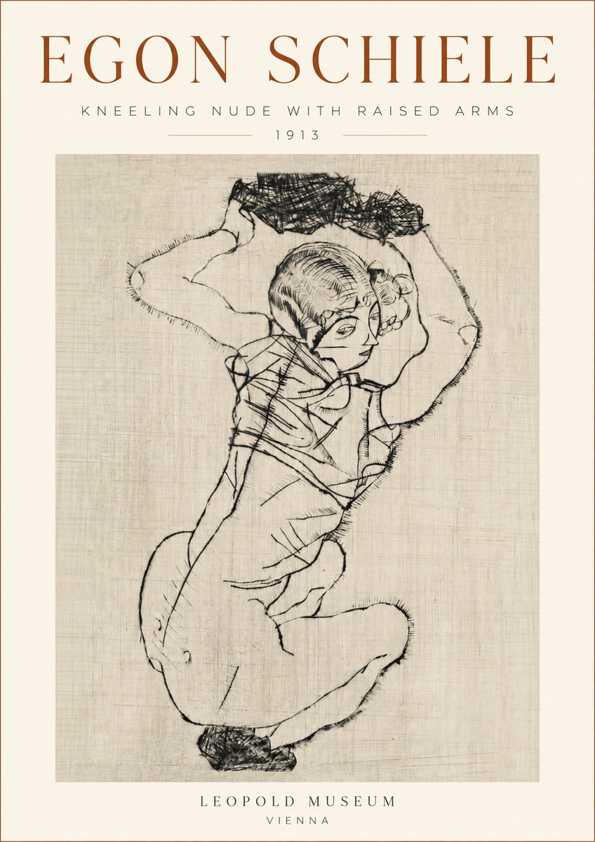 Schiele Kneeling Nude with Raised Arms No3 - Juliste