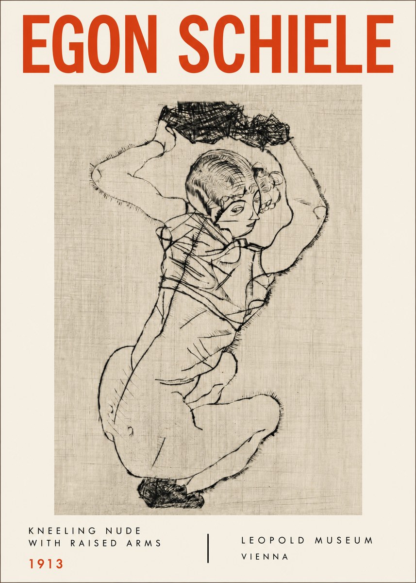 Schiele Kneeling Nude with Raised Arms No4 - Juliste