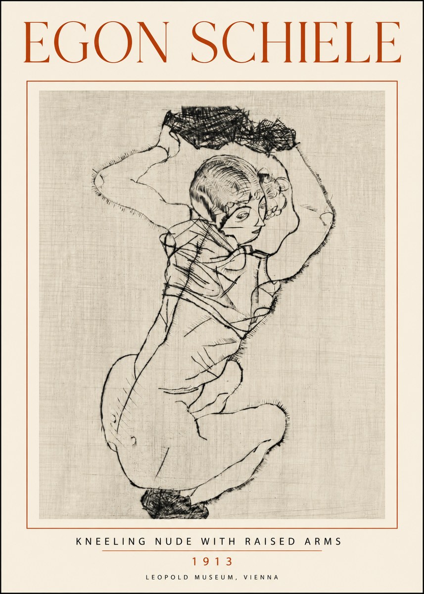 Schiele Kneeling Nude with Raised Arms No5 - Juliste