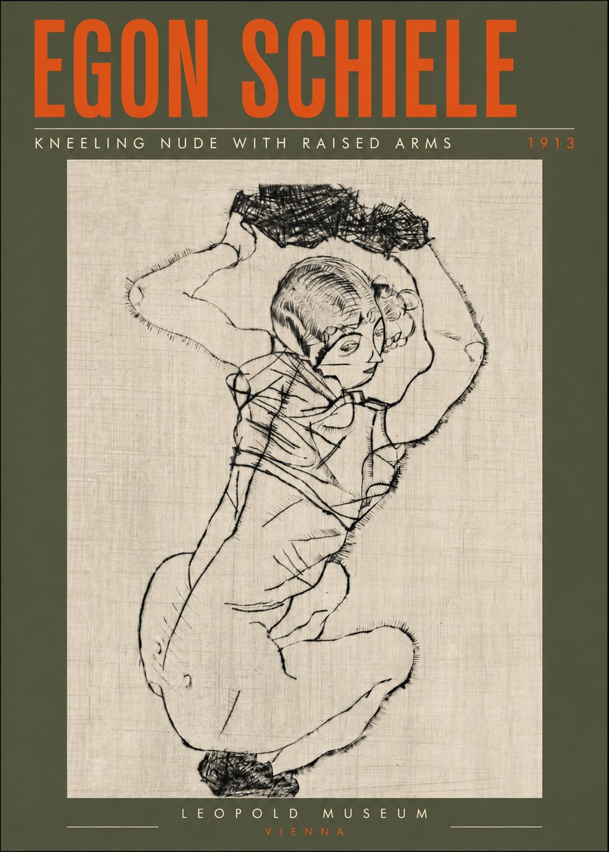 Schiele Kneeling Nude with Raised Arms No6 - Juliste