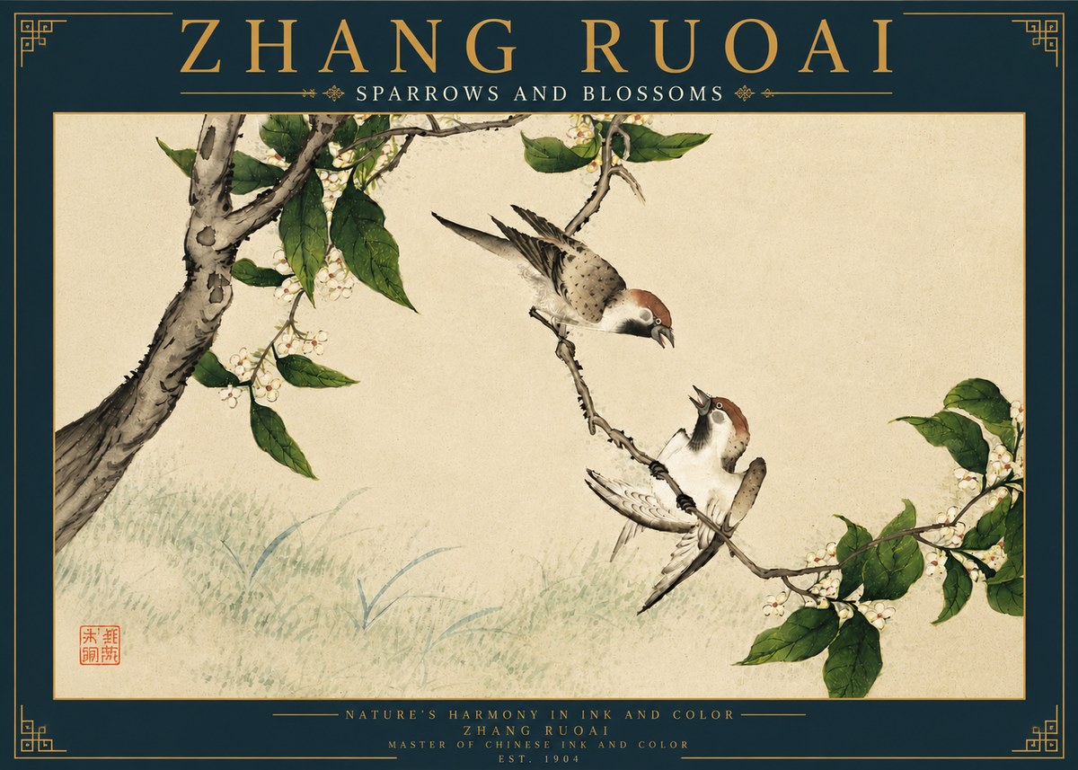 Zhang Ruoai Sparrows and Blossoms No4 - Juliste