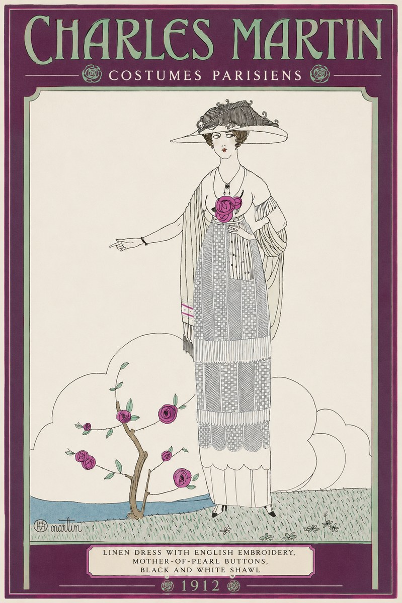 Charles Martin Linen Dress with English Embroidery, Mother-of-pearl Buttons, Black and White Shawl No2 - Juliste