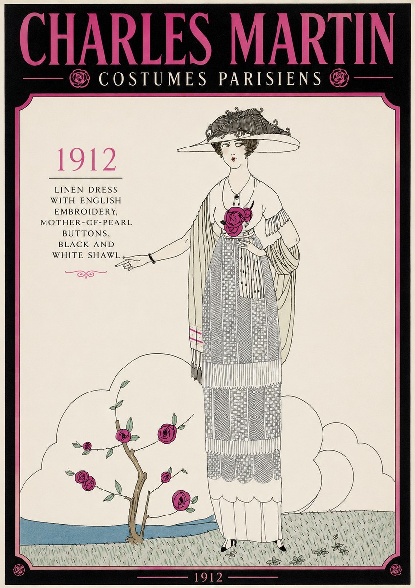 Charles Martin Linen Dress with English Embroidery, Mother-of-pearl Buttons, Black and White Shawl No3 - Juliste