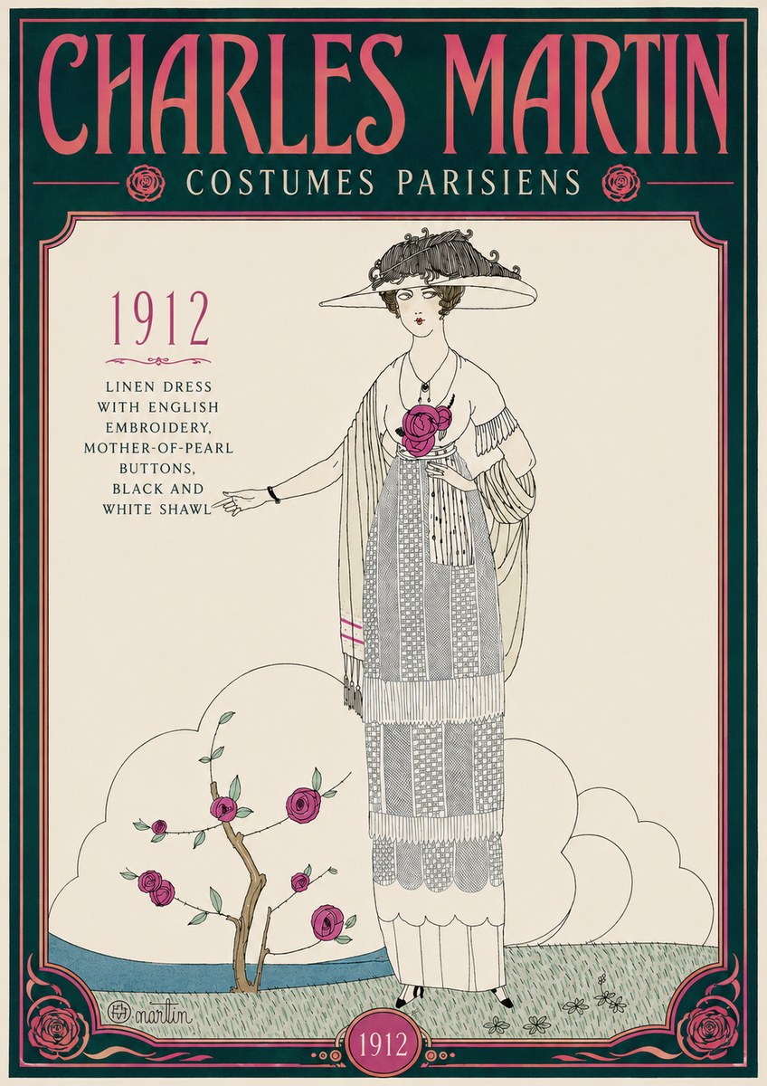 Charles Martin Linen Dress with English Embroidery, Mother-of-pearl Buttons, Black and White Shawl No4 - Juliste