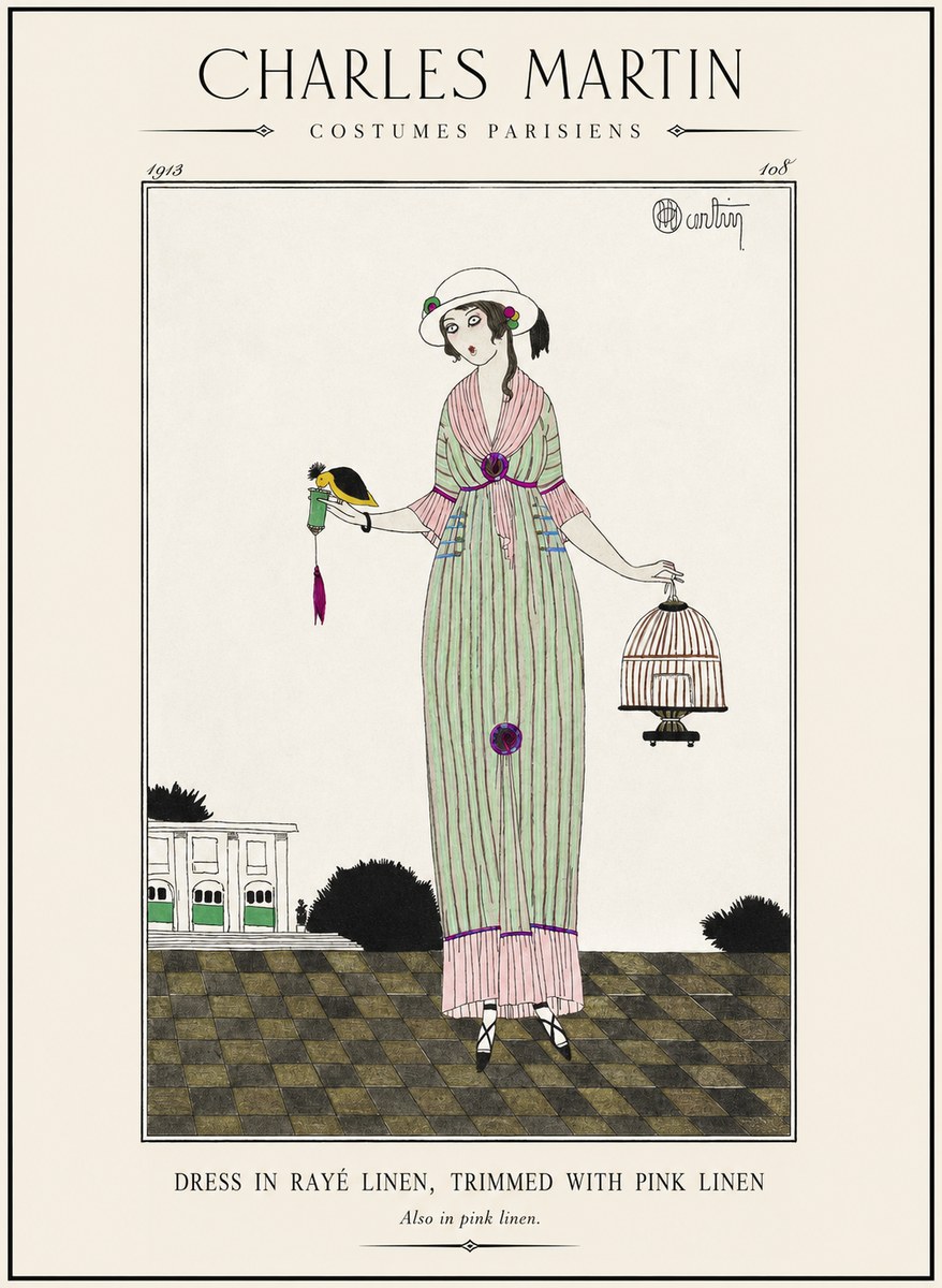 Charles Martin Dress in Rayé Linen, Trimmed with Pink Linen No1 - Juliste