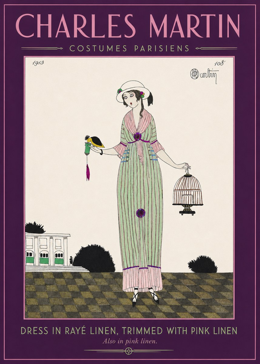 Charles Martin Dress in Rayé Linen, Trimmed with Pink Linen No2 - Juliste