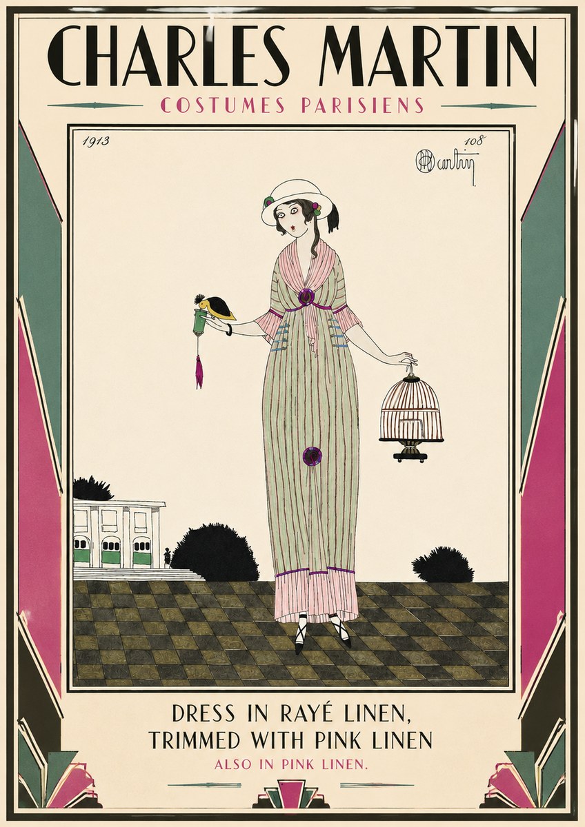 Charles Martin Dress in Rayé Linen, Trimmed with Pink Linen No3 - Juliste