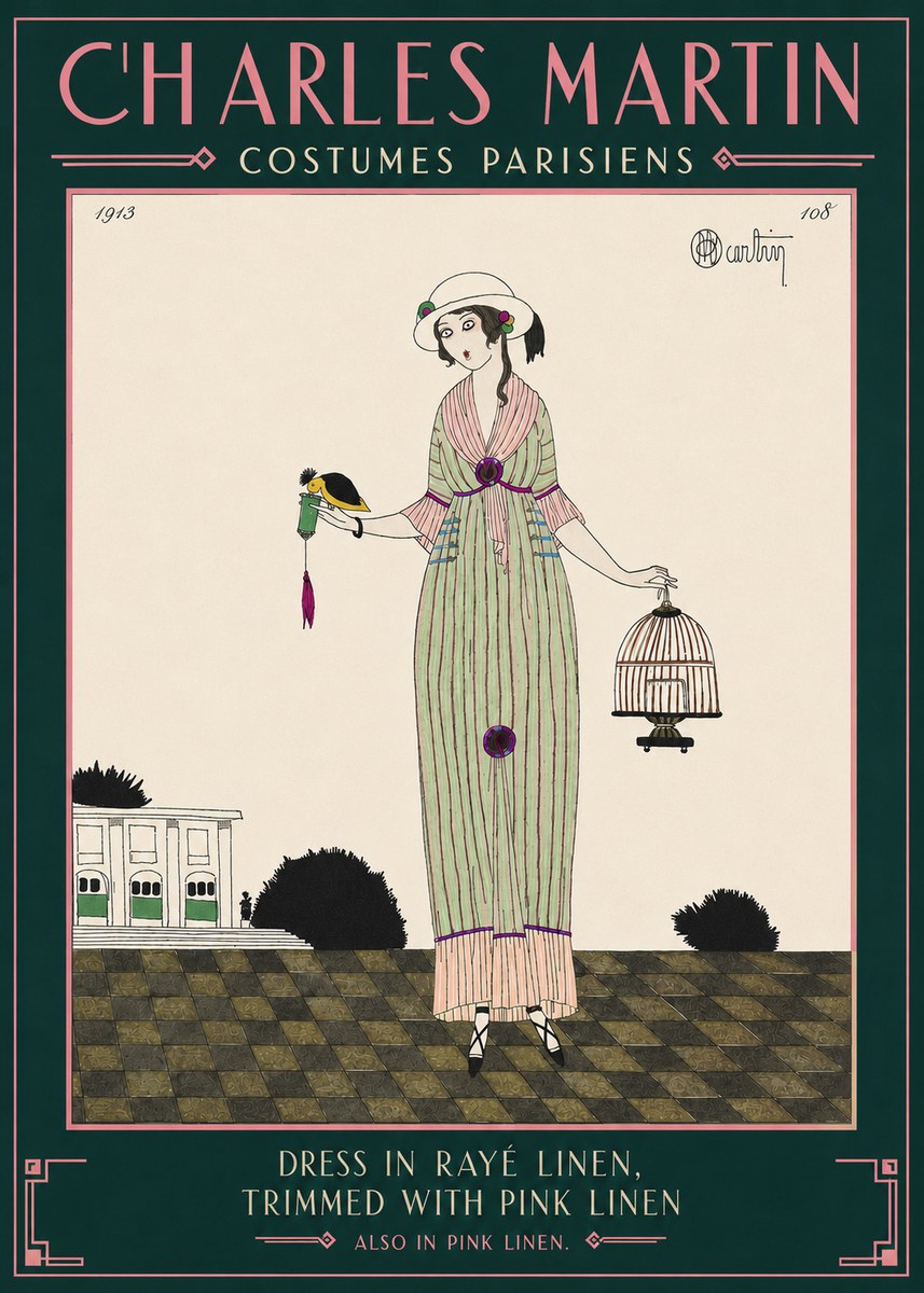 Charles Martin Dress in Rayé Linen, Trimmed with Pink Linen No4 - Juliste