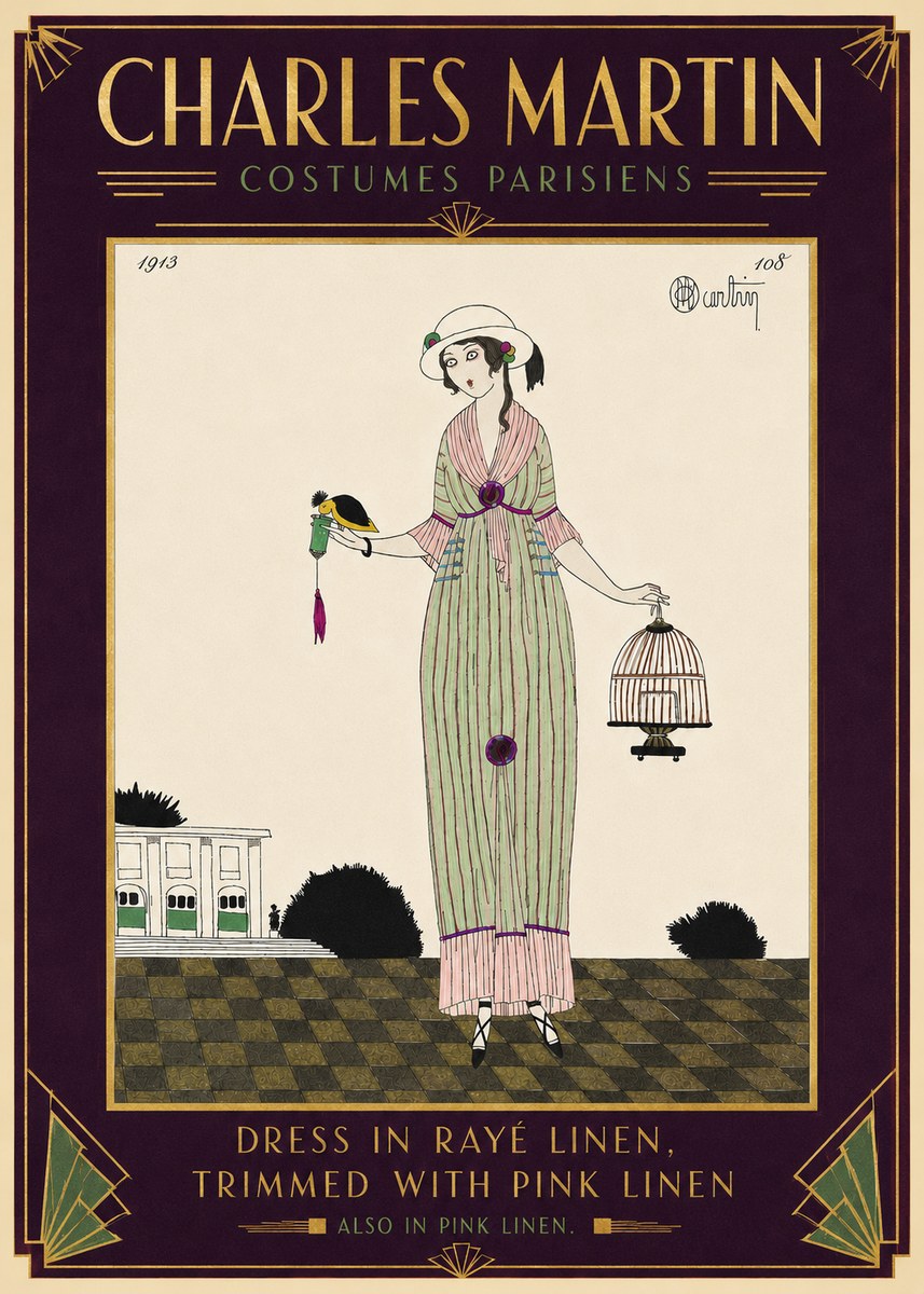 Charles Martin Dress in Rayé Linen, Trimmed with Pink Linen No5 - Juliste