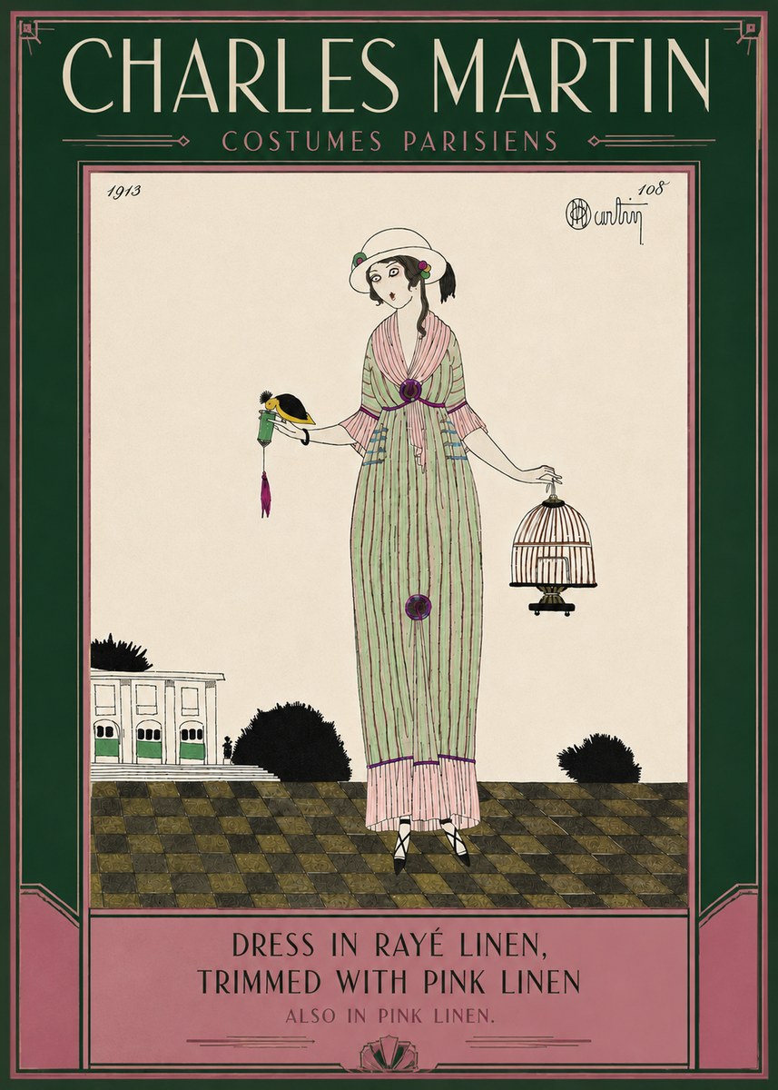 Charles Martin Dress in Rayé Linen, Trimmed with Pink Linen No6 - Juliste