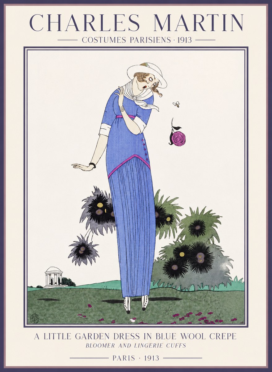 Charles Martin Little Garden Dress in Blue Wool Crepe No5 - Juliste