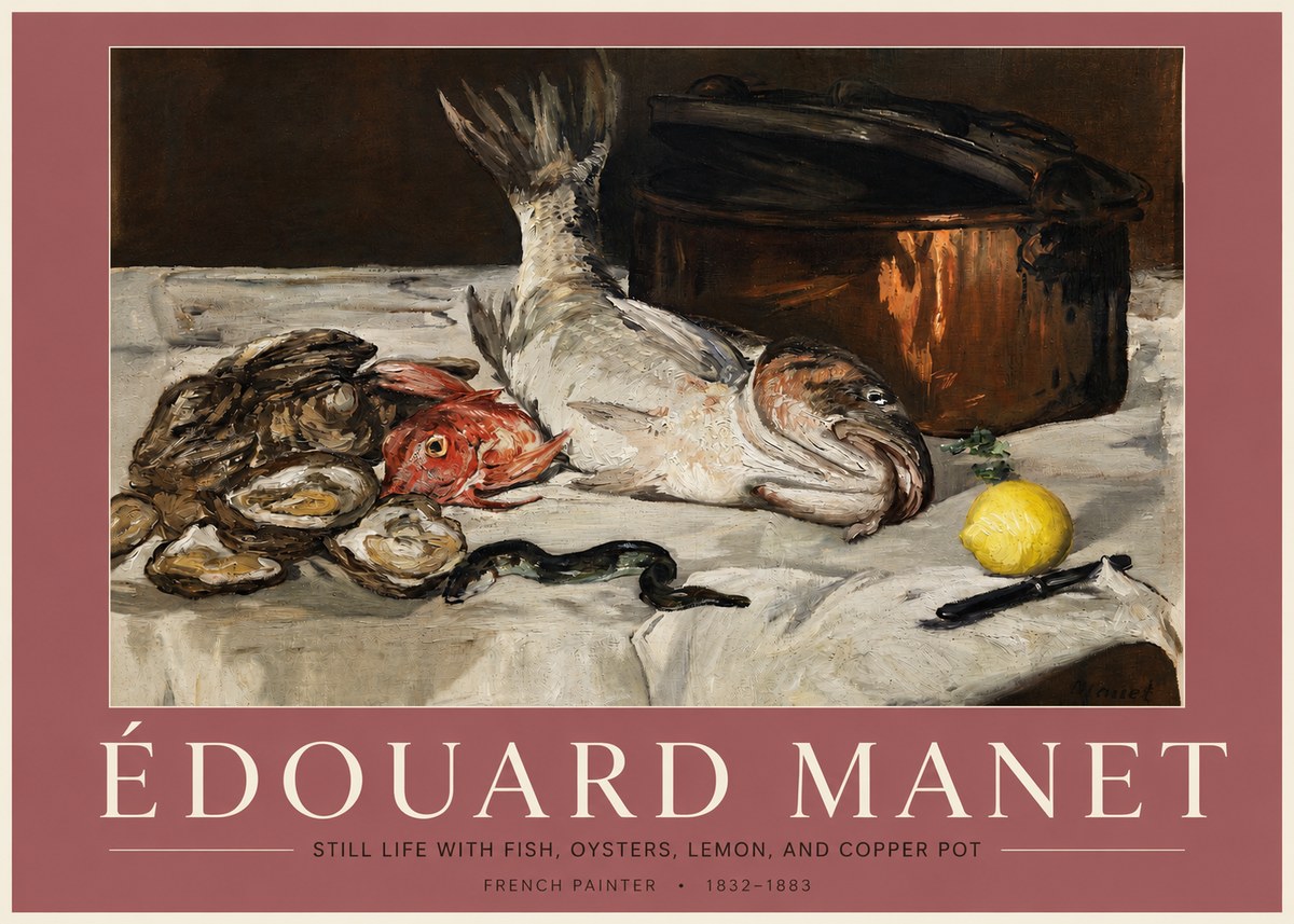 Édouard Manet Still Life with Fish, Oysters, Lemon, and Copper Pot No3 - Juliste