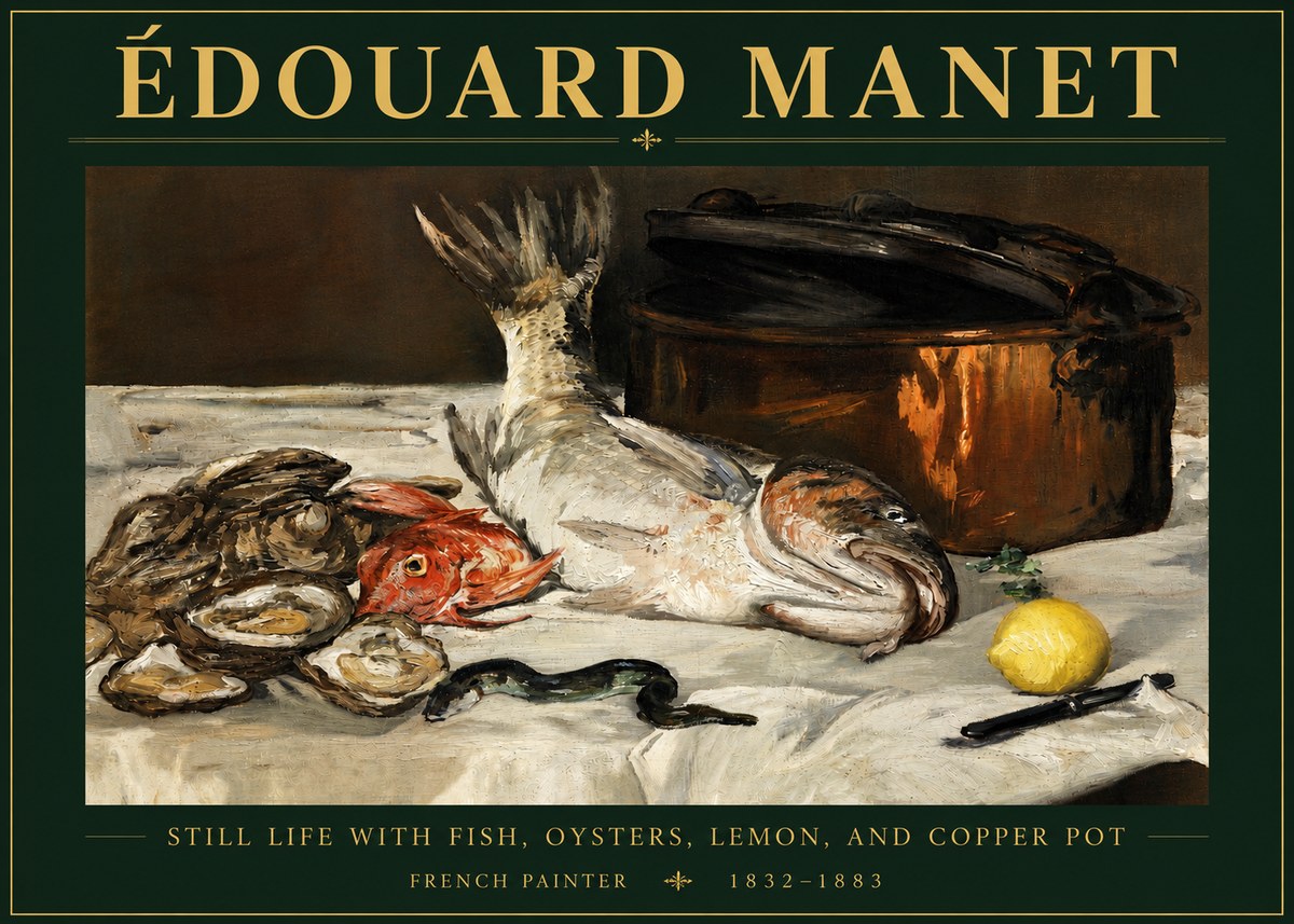 Édouard Manet Still Life with Fish, Oysters, Lemon, and Copper Pot No4 - Juliste