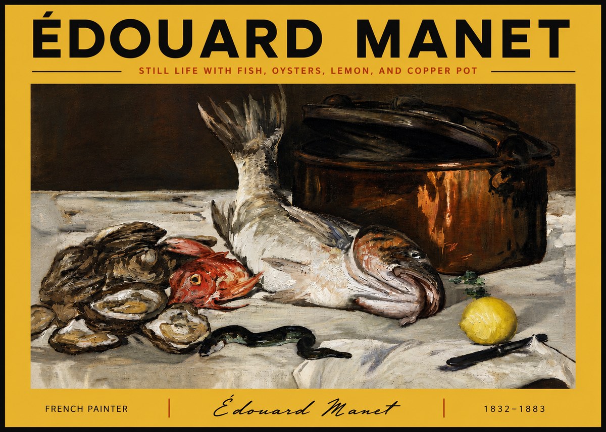 Édouard Manet Still Life with Fish, Oysters, Lemon, and Copper Pot No6 - Juliste