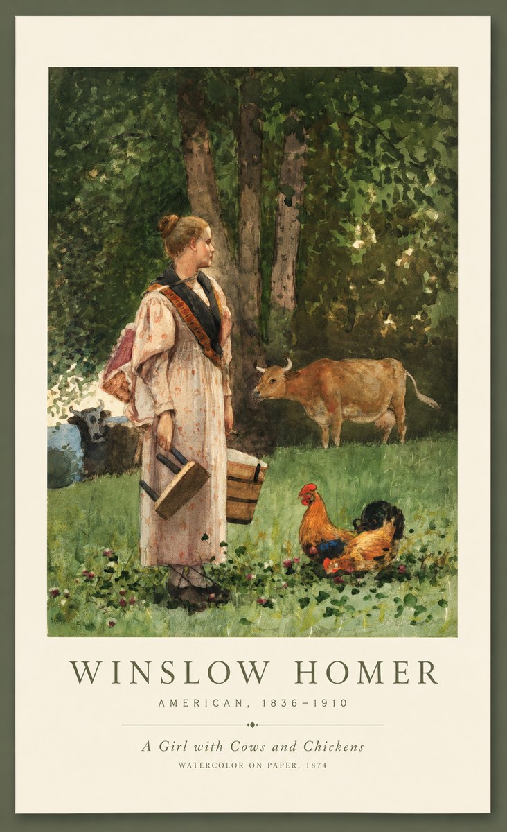 Winslow Homer A Girl with Cows and Chickens No1 - Juliste