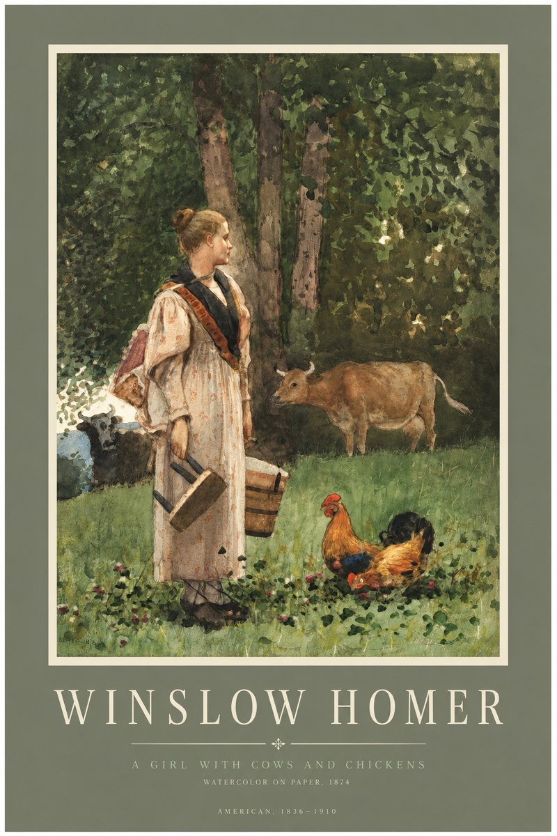 Winslow Homer A Girl with Cows and Chickens No3 - Juliste