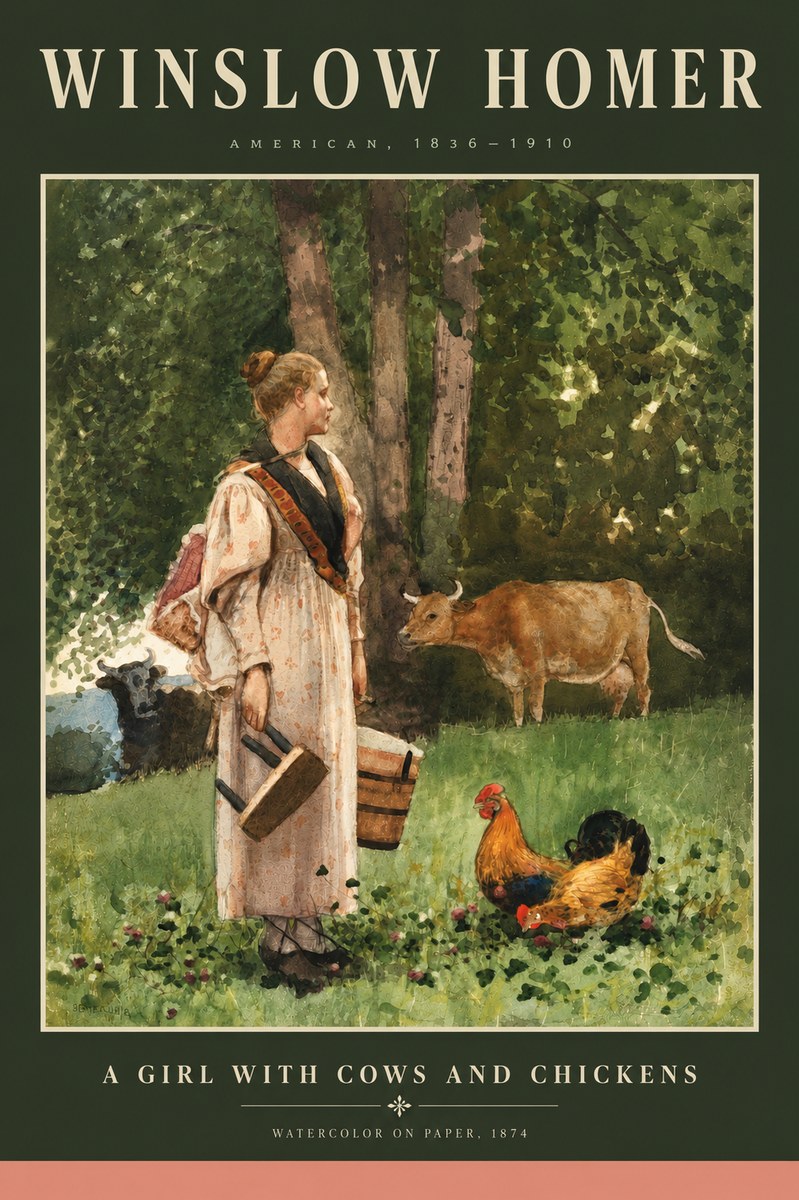 Winslow Homer A Girl with Cows and Chickens No5 - Juliste