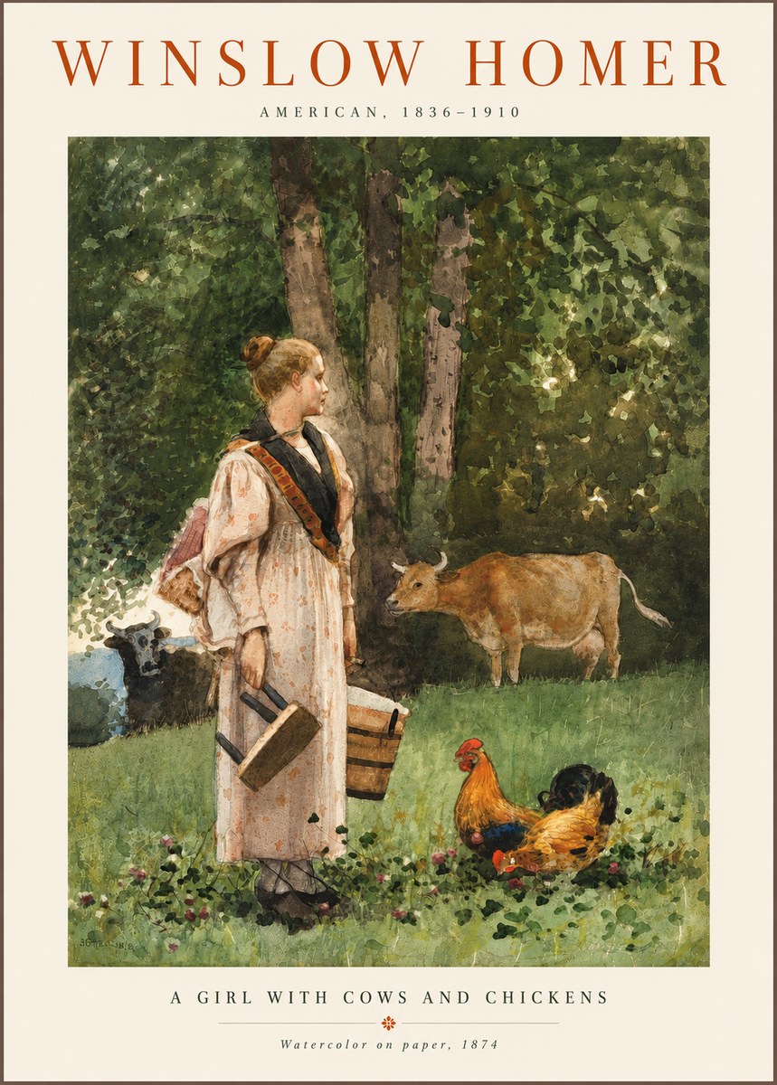 Winslow Homer A Girl with Cows and Chickens No6 - Juliste