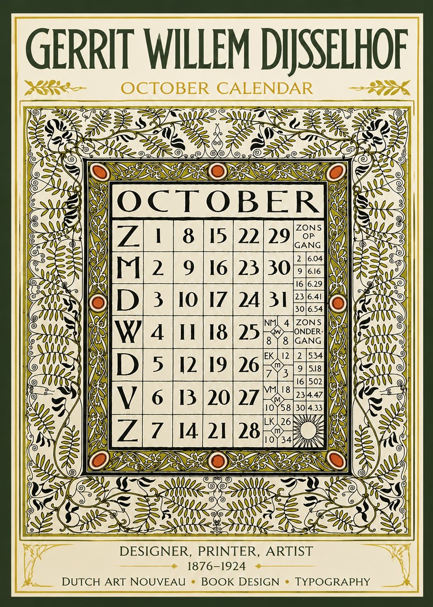 Gerrit Willem Dijsselhof October - Calendar Page No6 - Juliste