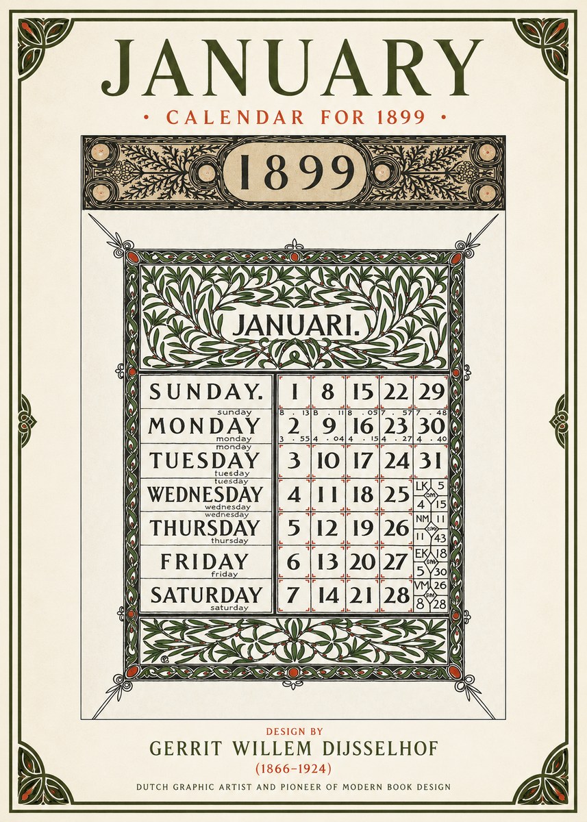 Gerrit Willem Dijsselhof January. Calendar for 1899. No1 - Juliste