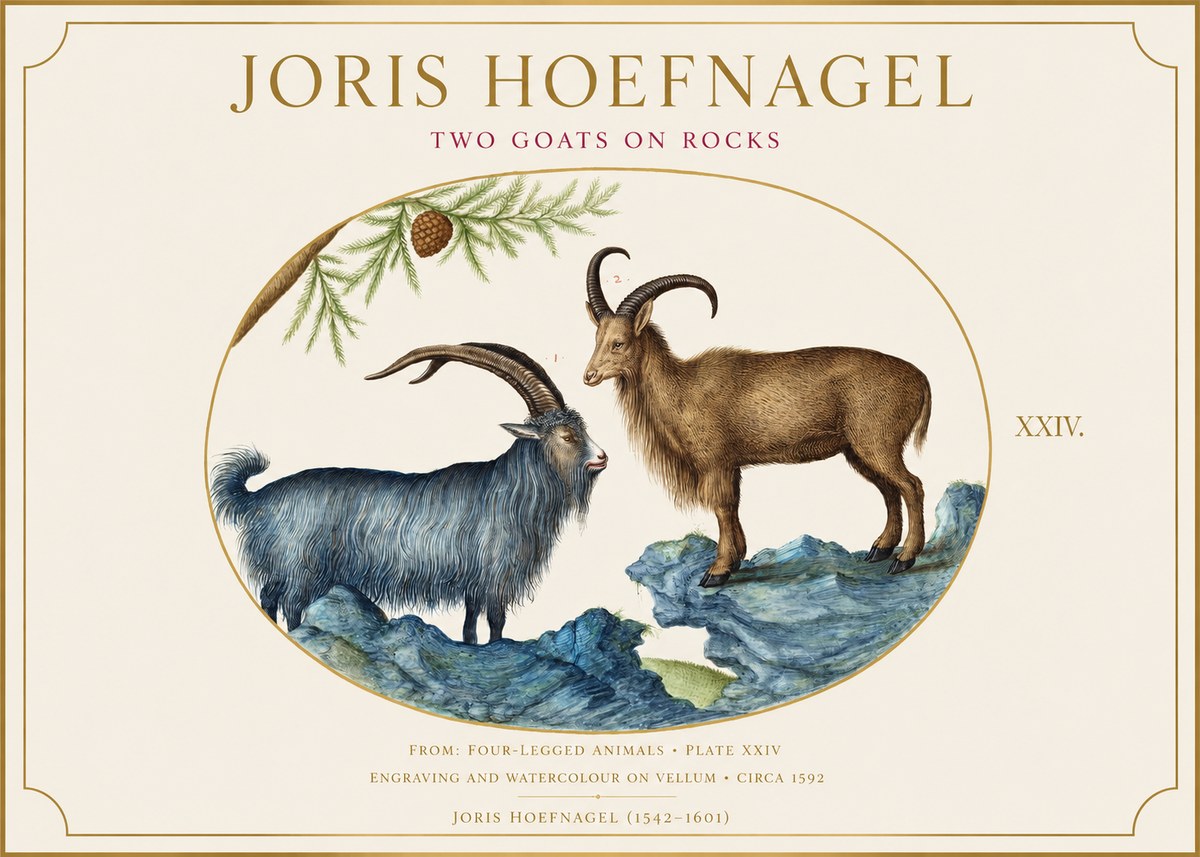 Joris Hoefnagel Two Mountain Goats from the Series Quadrupeds No6 - Juliste