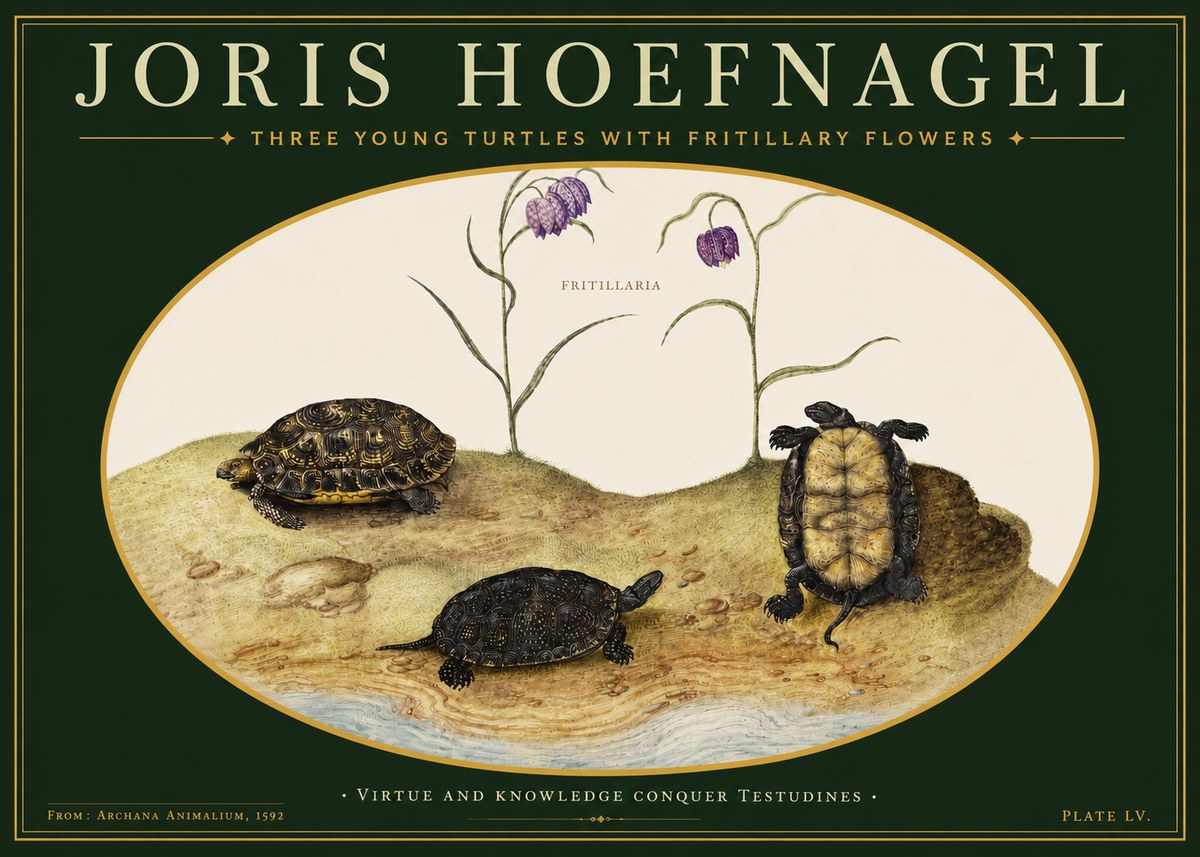 Joris Hoefnagel Three Young Turtles with Fritillary Flowers No3 - Juliste