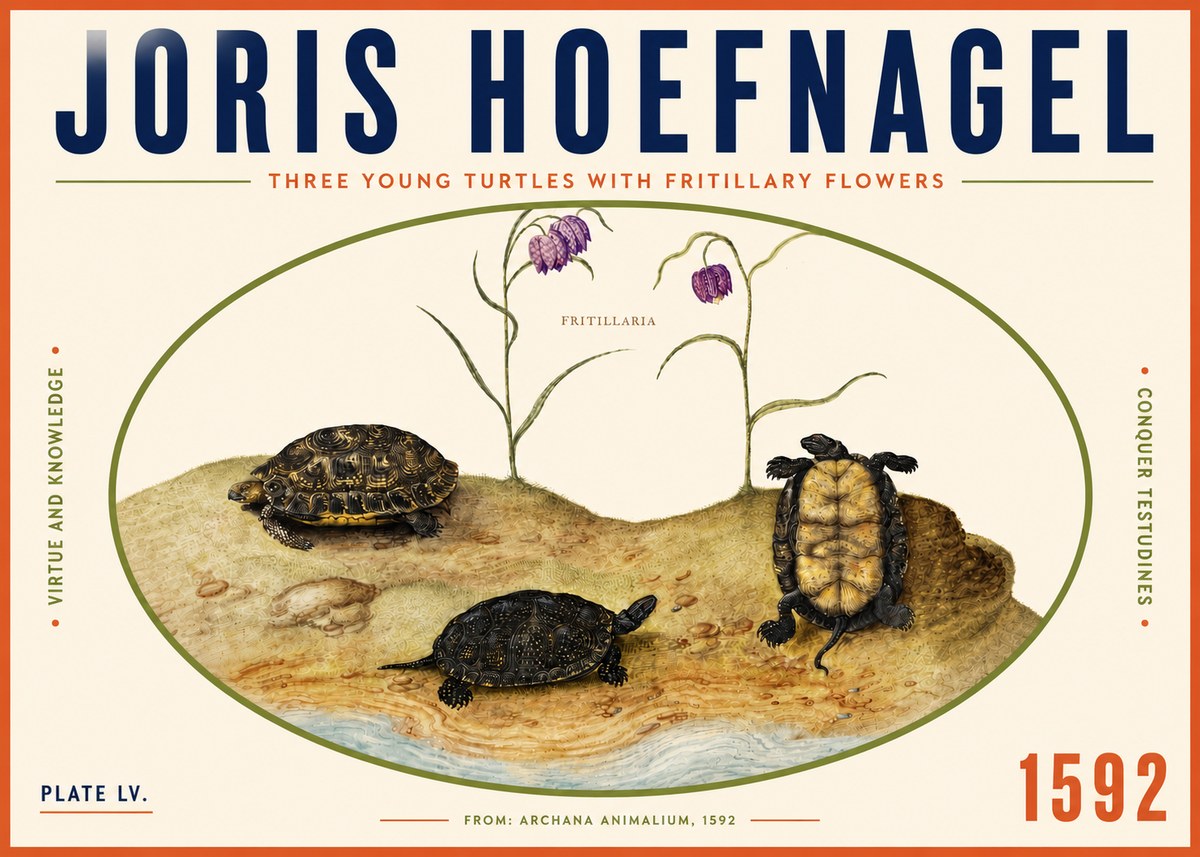 Joris Hoefnagel Three Young Turtles with Fritillary Flowers No4 - Juliste