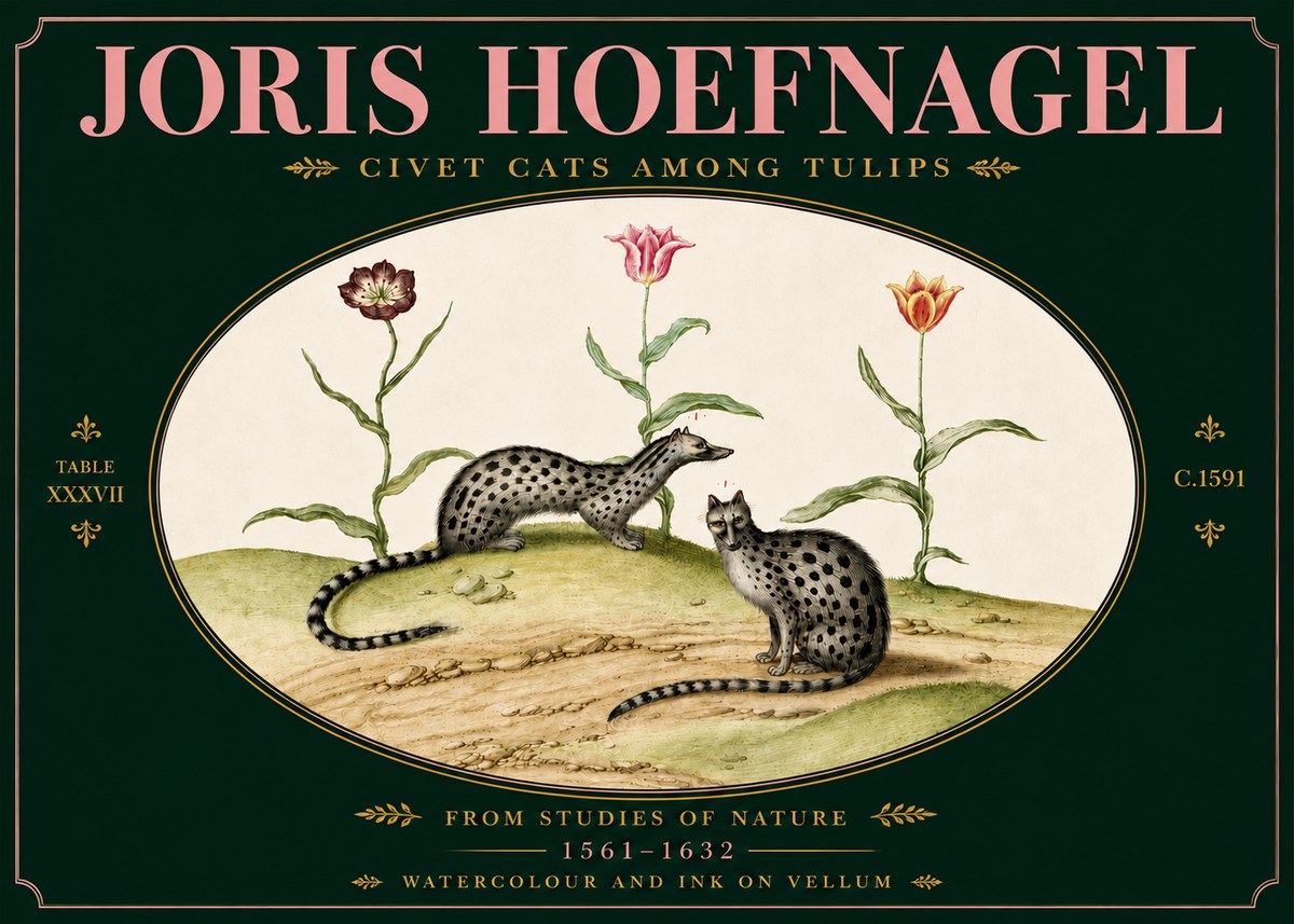 Joris Hoefnagel Civet Cats Among Tulips No5 - Juliste