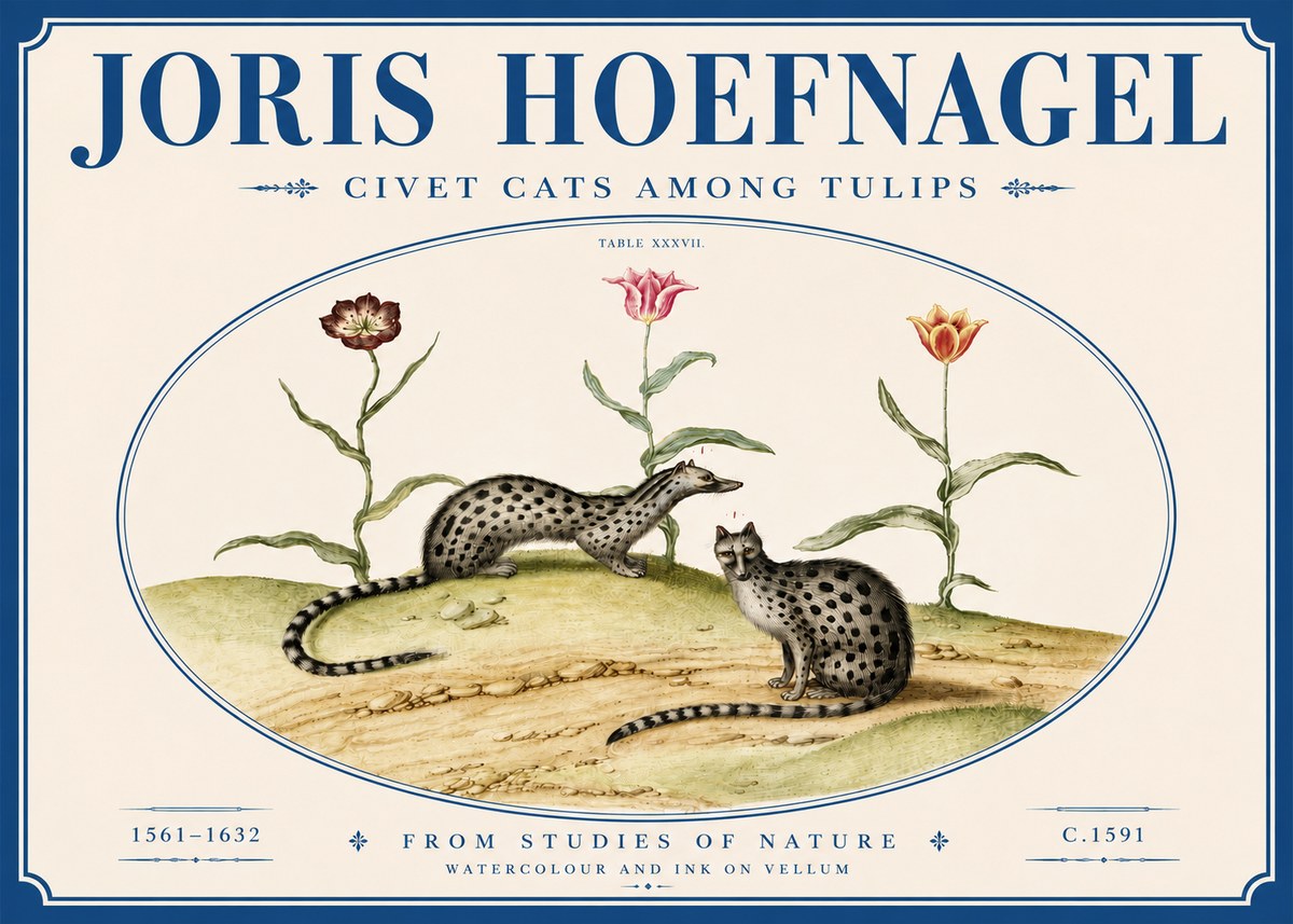 Joris Hoefnagel Civet Cats Among Tulips No6 - Juliste