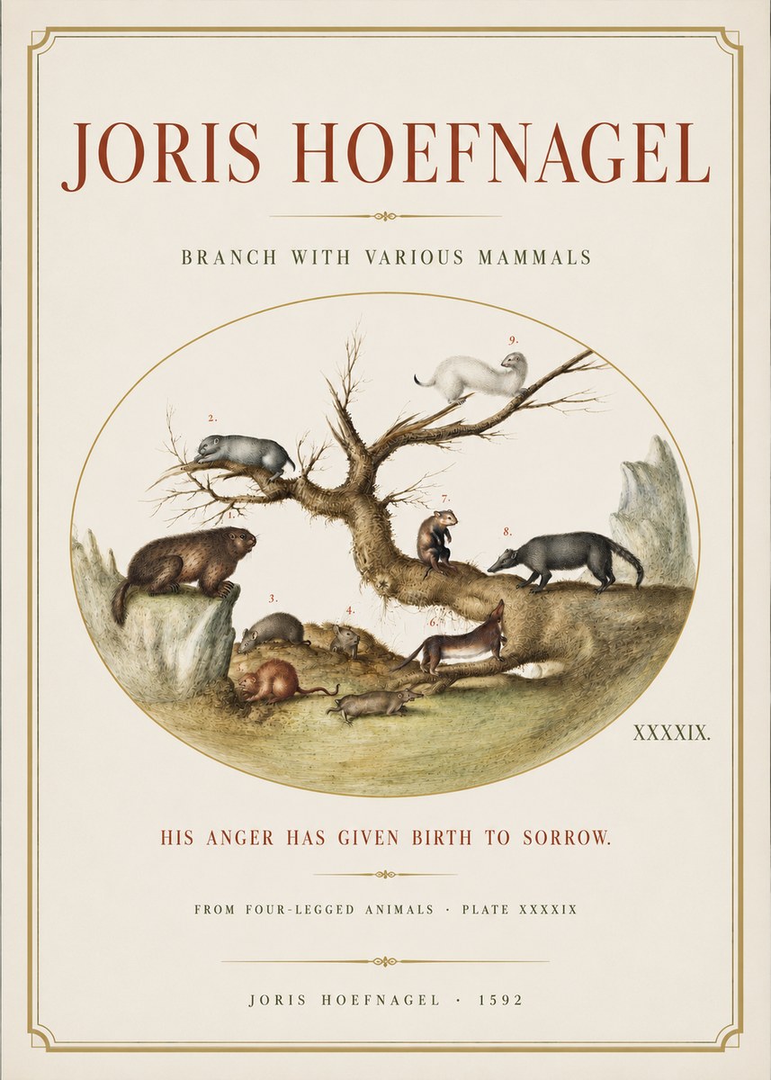 Joris Hoefnagel Branch with Various Mammals No3 - Juliste