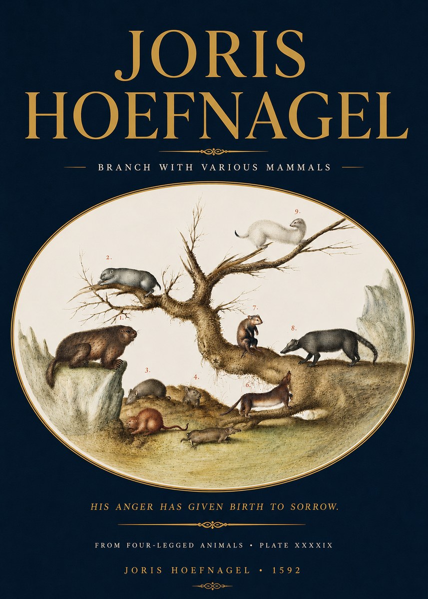 Joris Hoefnagel Branch with Various Mammals No4 - Juliste