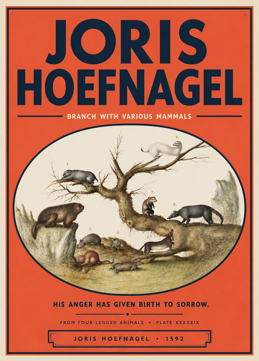 Joris Hoefnagel Branch with Various Mammals No5 - Juliste