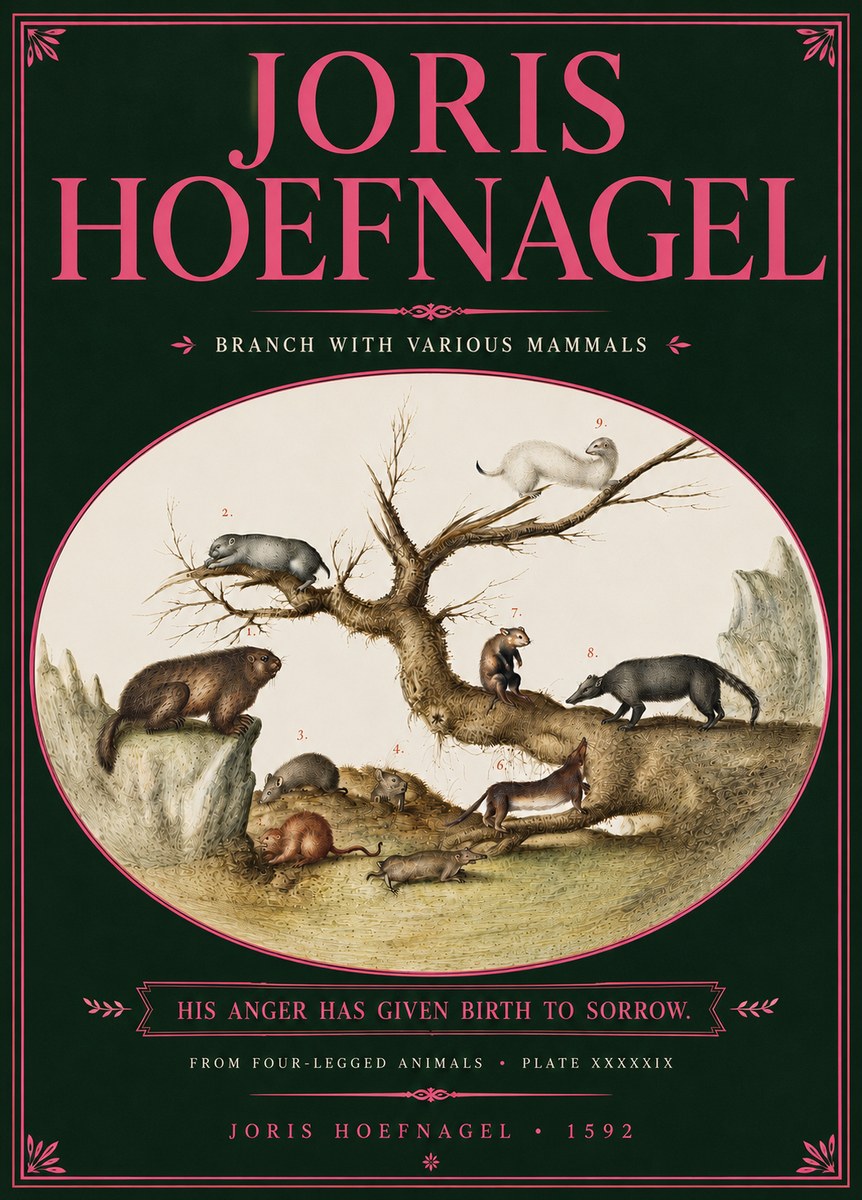Joris Hoefnagel Branch with Various Mammals No6 - Juliste