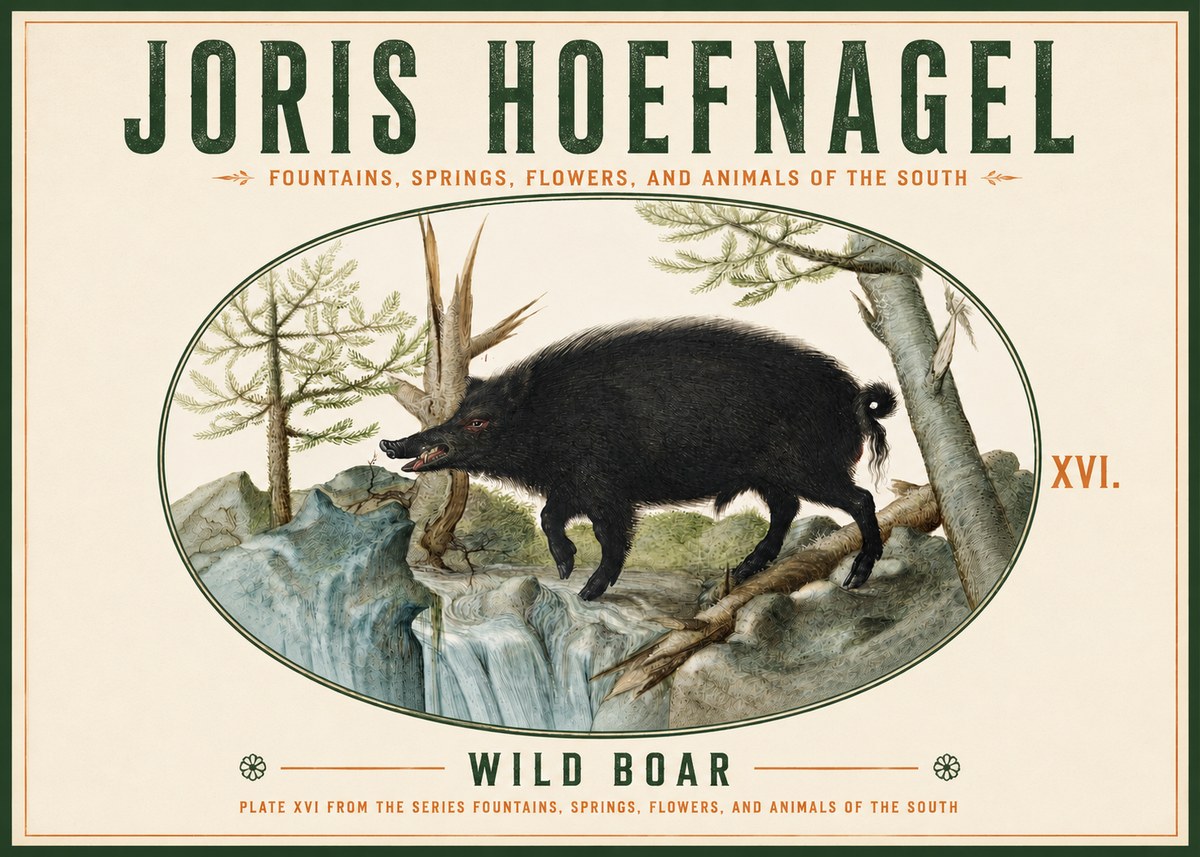 Joris Hoefnagel Fountains, Springs, Flowers, and Animals of the South - Plate Xvi No4 - Juliste