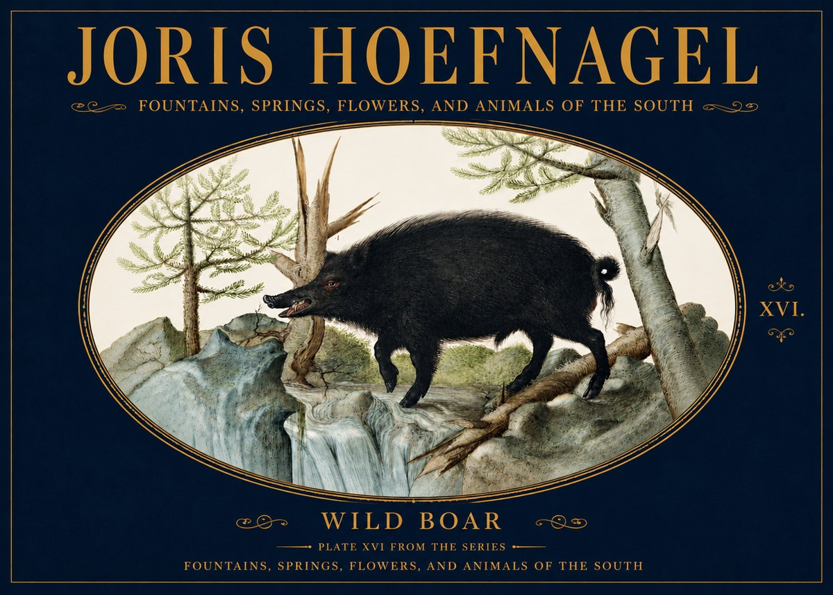 Joris Hoefnagel Fountains, Springs, Flowers, and Animals of the South - Plate Xvi No5 - Juliste